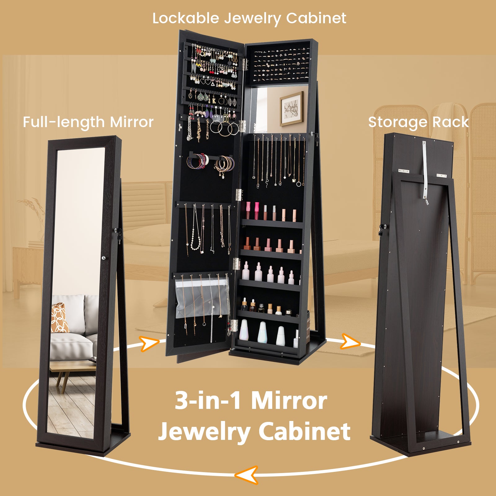 Lockable Jewelry Storage Organizer, Full-Length Mirror, Coffee Jewelry Armoires at Gallery Canada