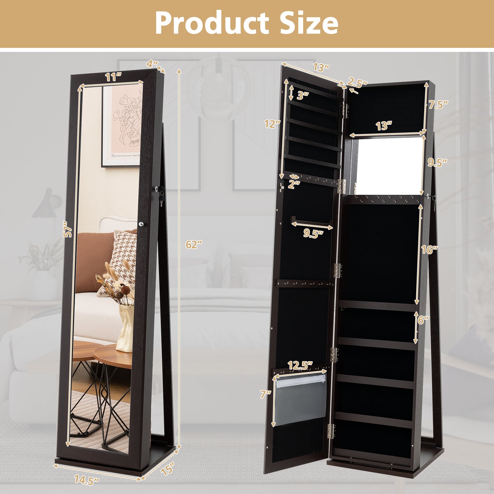 Lockable Jewelry Storage Organizer, Full-Length Mirror, Coffee Jewelry Armoires at Gallery Canada