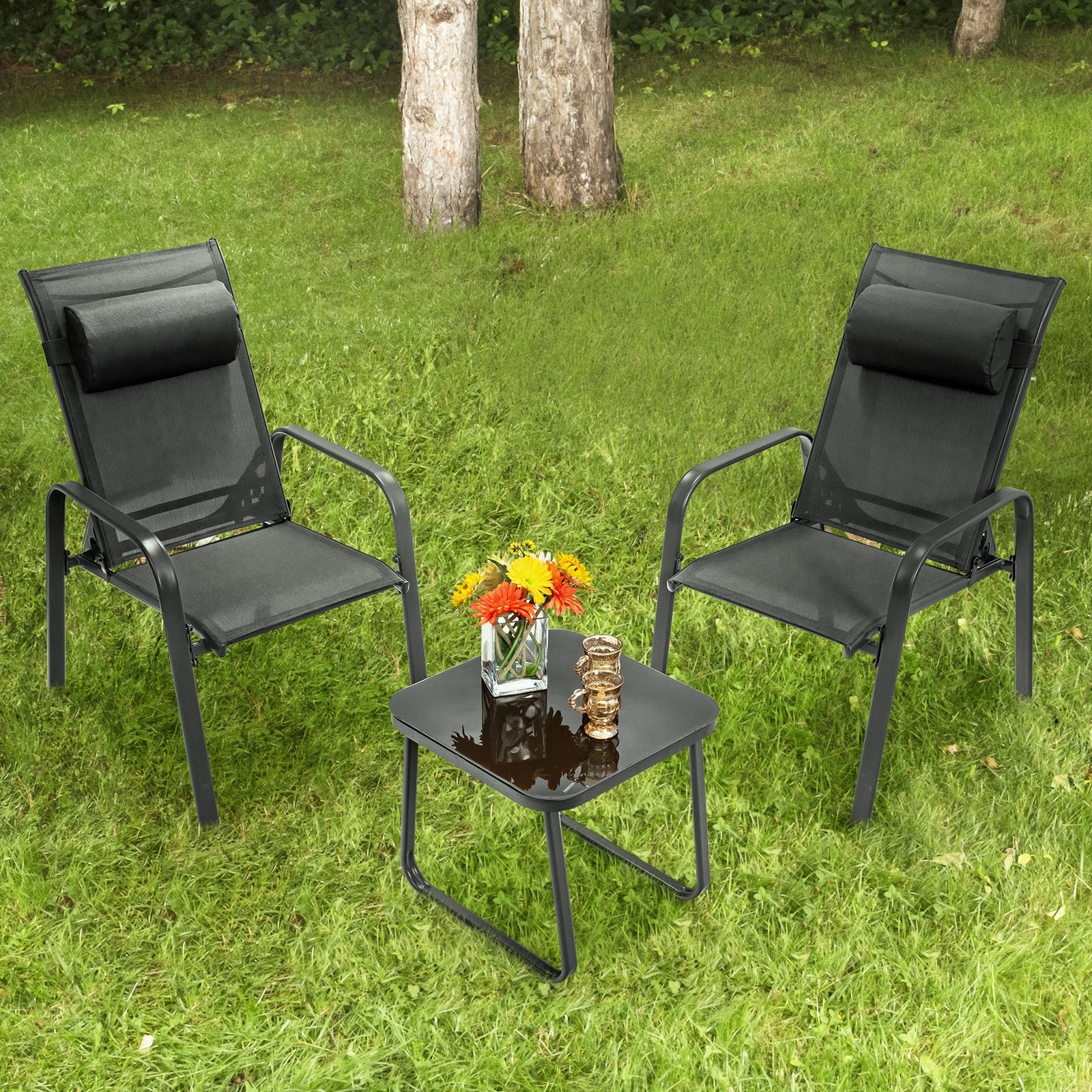 3 Pieces Patio Bistro Furniture Set with Adjustable Backrest, Black Patio Conversation Sets at Gallery Canada