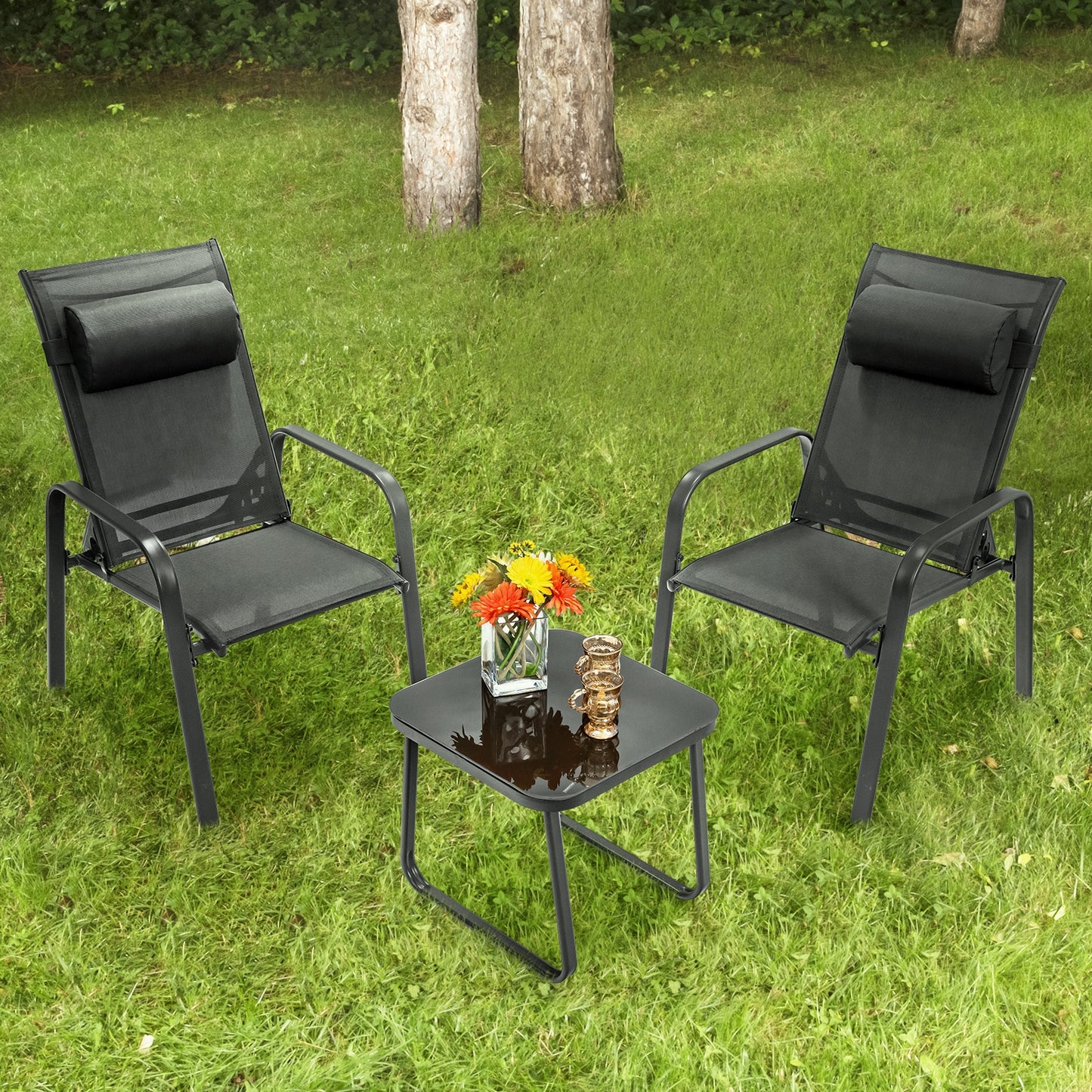 3 Pieces Patio Bistro Furniture Set with Adjustable Backrest, Black Patio Conversation Sets at Gallery Canada