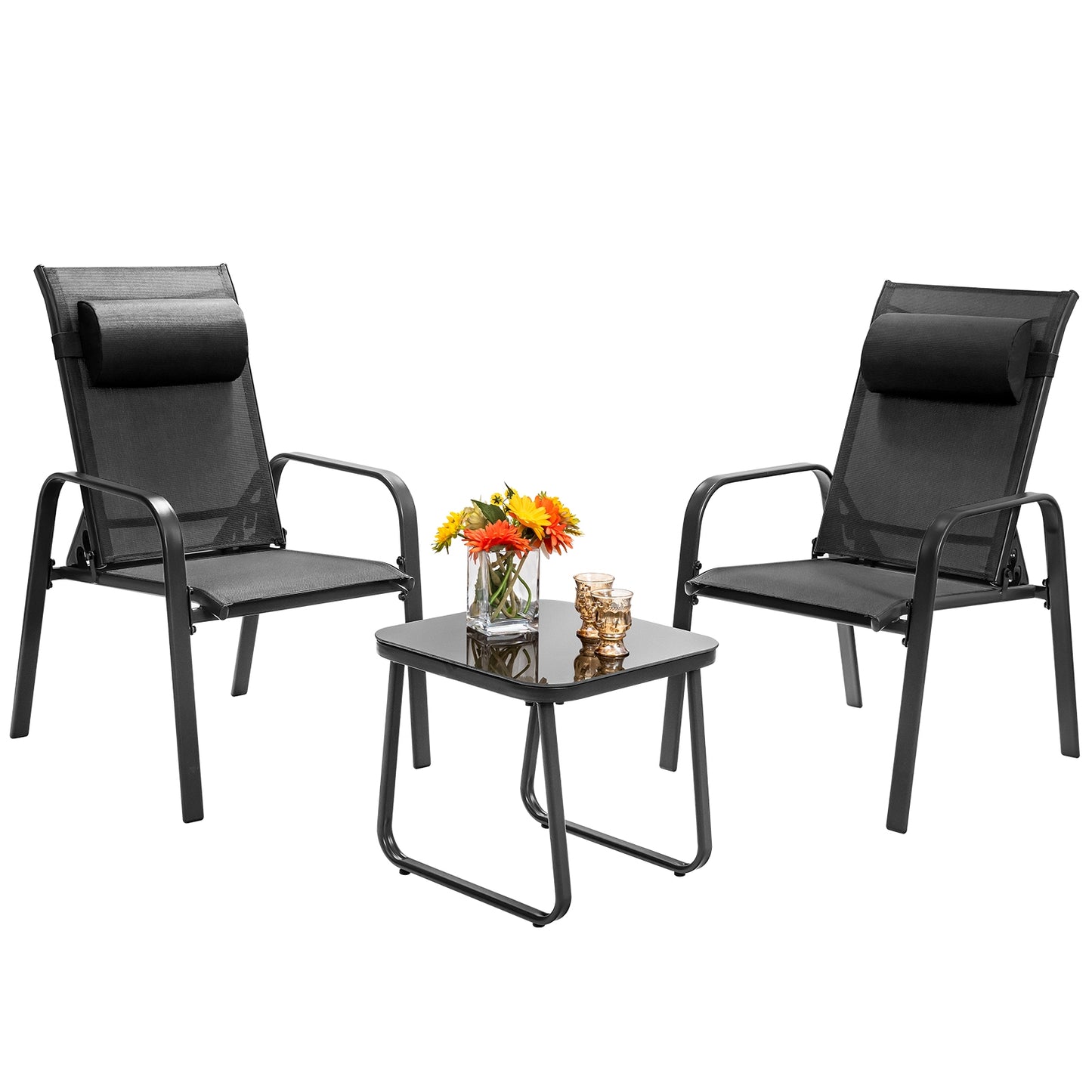 3 Pieces Patio Bistro Furniture Set with Adjustable Backrest, Black Patio Conversation Sets at Gallery Canada