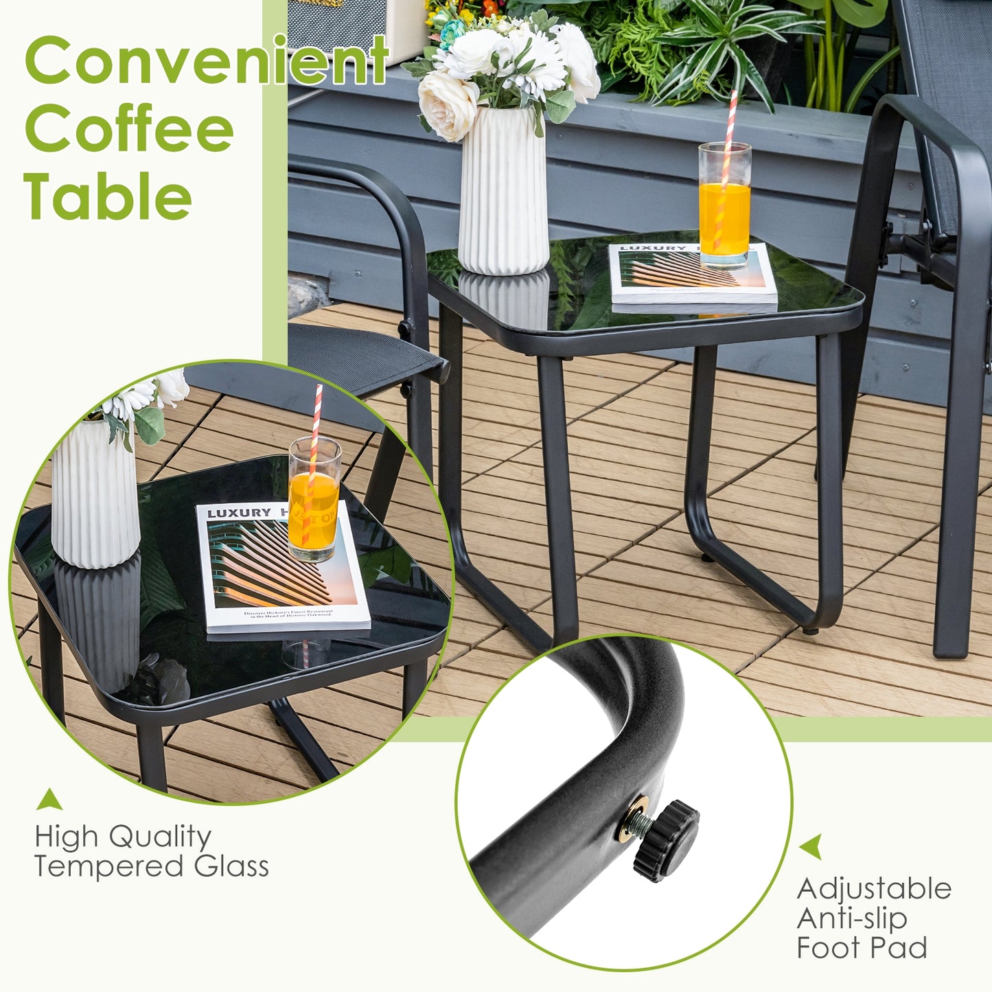 3 Pieces Patio Bistro Furniture Set with Adjustable Backrest, Black Patio Conversation Sets at Gallery Canada
