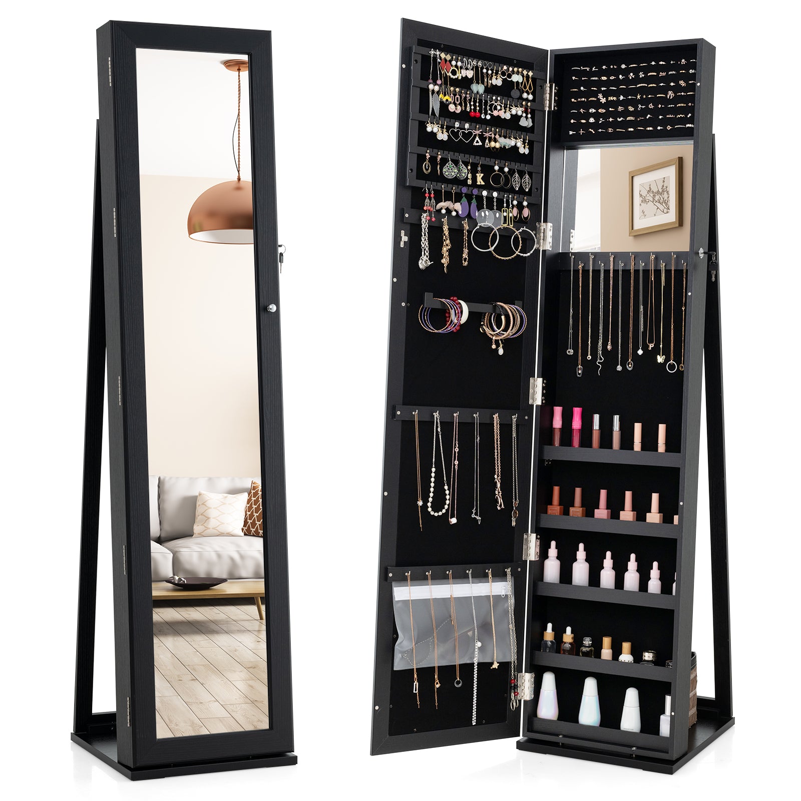 Standing Lockable Jewelry Organizer With Full-Length Mirror, Black Jewelry Armoires at Gallery Canada