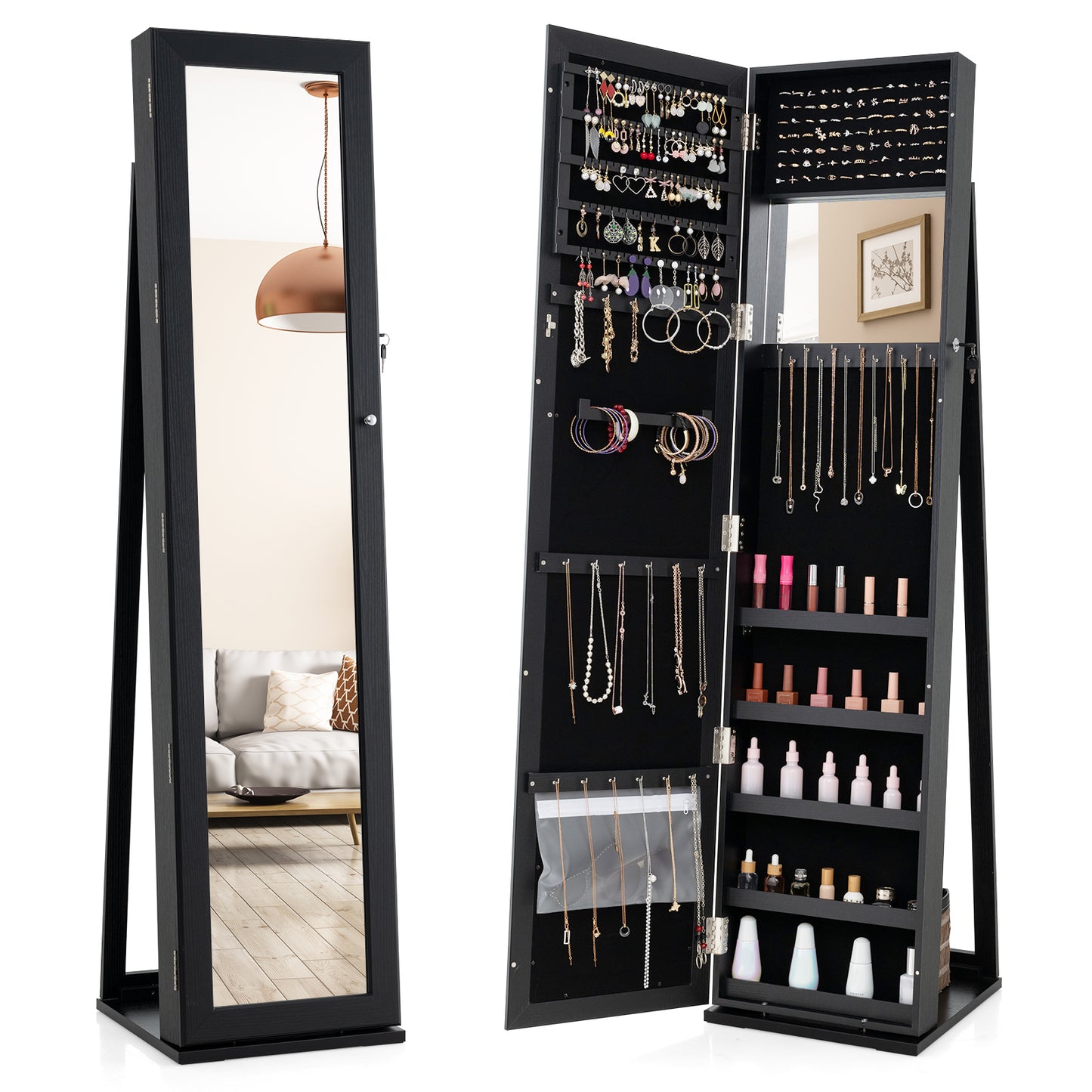 Standing Lockable Jewelry Organizer With Full-Length Mirror, Black Jewelry Armoires at Gallery Canada