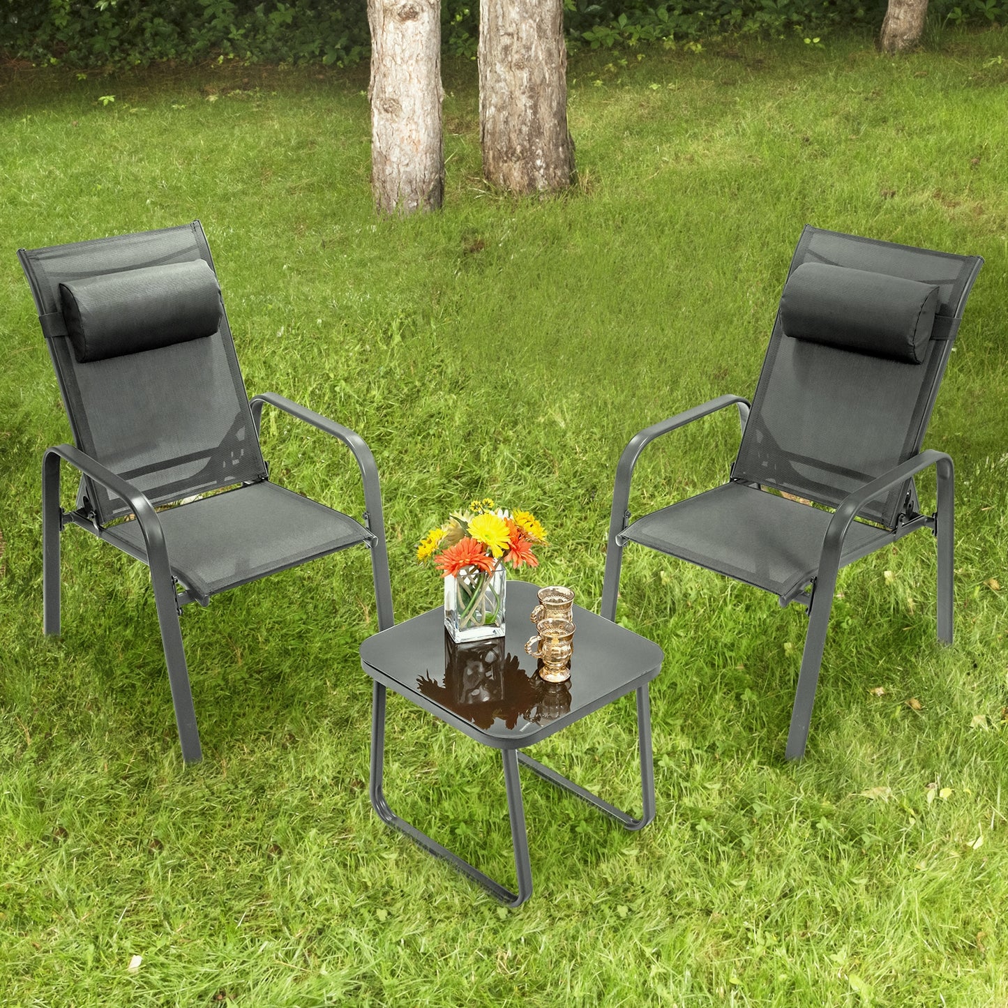3 Pieces Patio Bistro Furniture Set with Adjustable Backrest, Gray Patio Conversation Sets at Gallery Canada