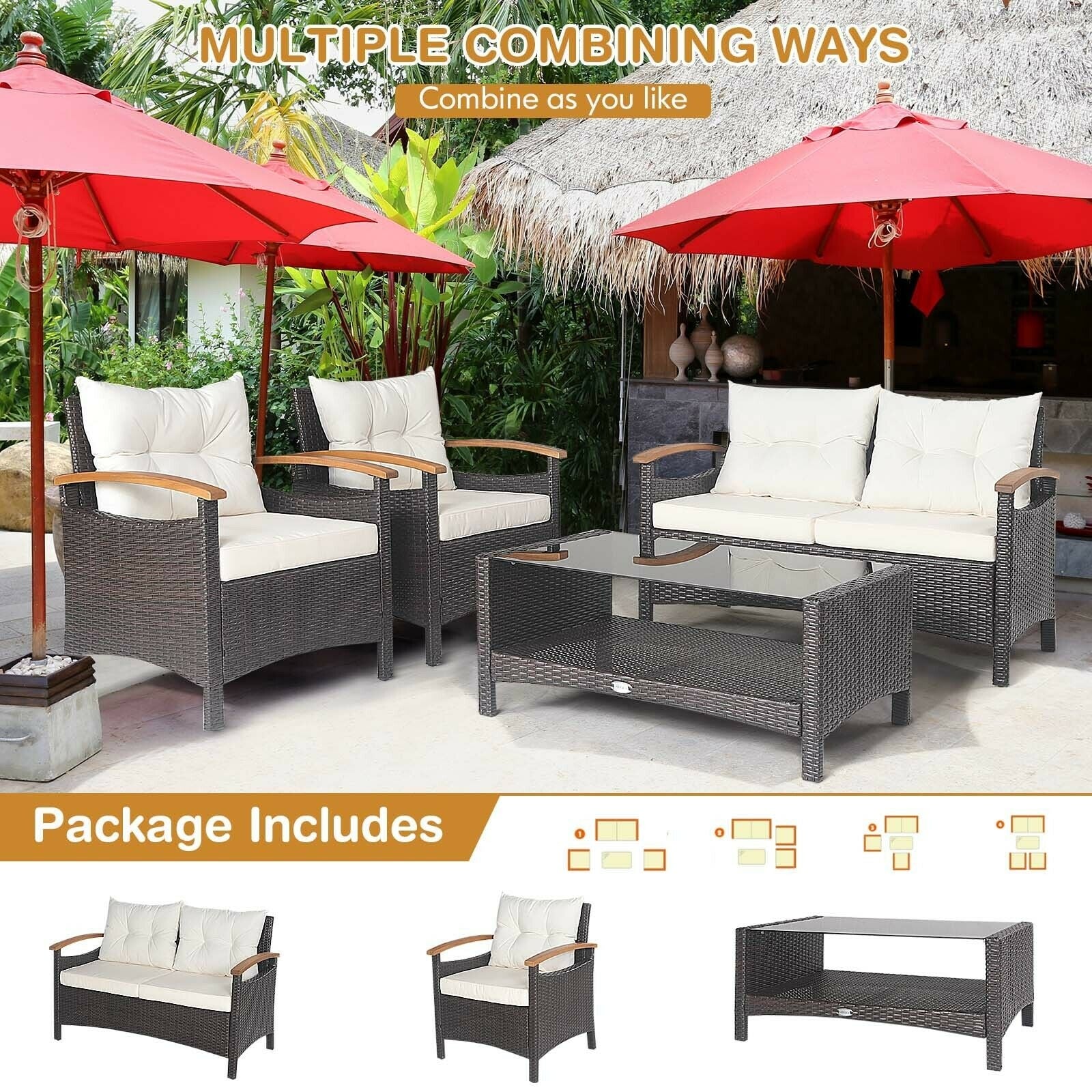 4 Pieces Patio Rattan Furniture Set with Cushioned Sofa and Storage Table, White Patio Conversation Sets at Gallery Canada