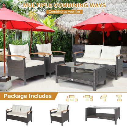 4 Pieces Patio Rattan Furniture Set with Cushioned Sofa and Storage Table, White Patio Conversation Sets at Gallery Canada