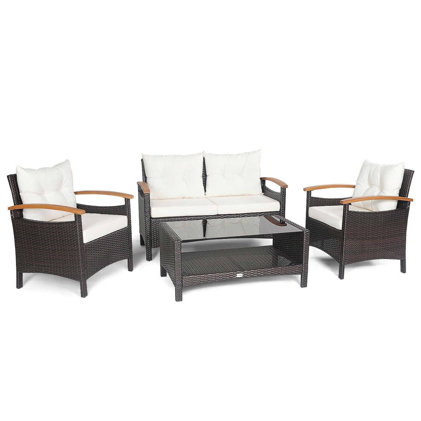 4 Pieces Patio Rattan Furniture Set with Cushioned Sofa and Storage Table, White Patio Conversation Sets White at Gallery Canada