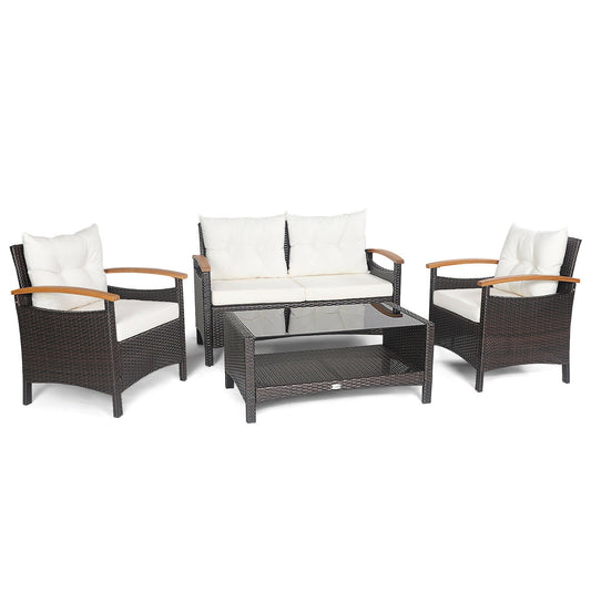 4 Pieces Patio Rattan Furniture Set with Cushioned Sofa and Storage Table, White Patio Conversation Sets White at Gallery Canada