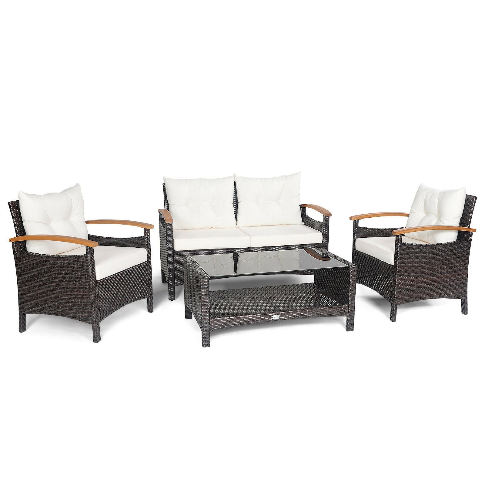 4 Piece Patio Rattan Furniture Set, With Cushioned Sofa and Storage Table, White Patio Conversation Sets White at Gallery Canada