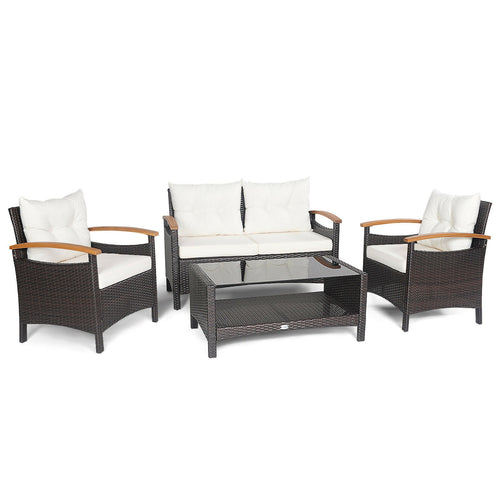 4 Piece Patio Rattan Furniture Set, With Cushioned Sofa and Storage Table, White