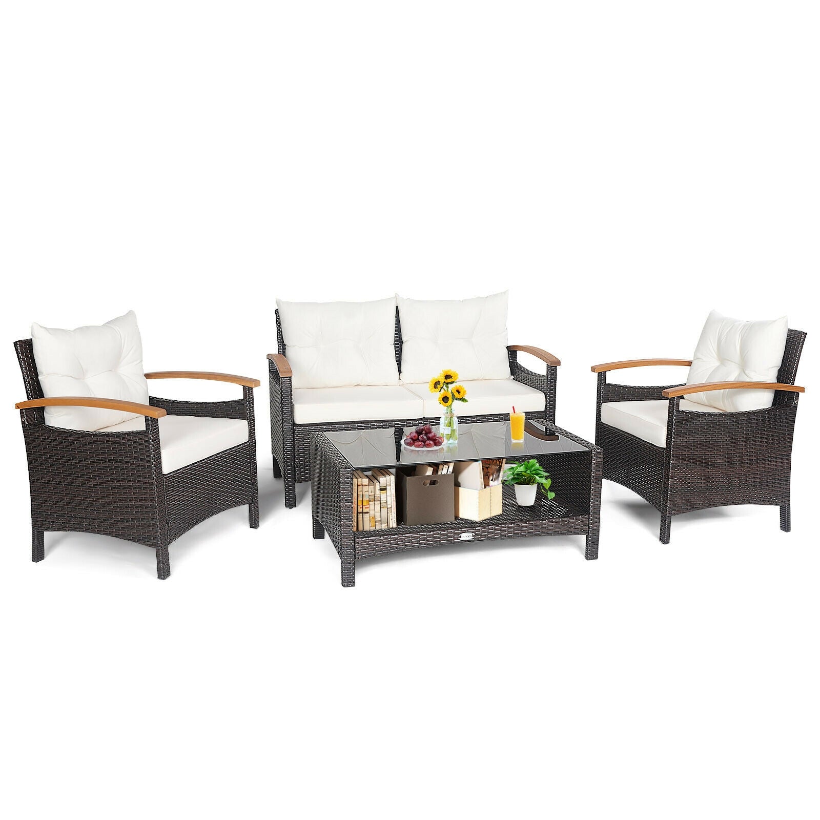 4 Pieces Patio Rattan Furniture Set with Cushioned Sofa and Storage Table, White Patio Conversation Sets at Gallery Canada