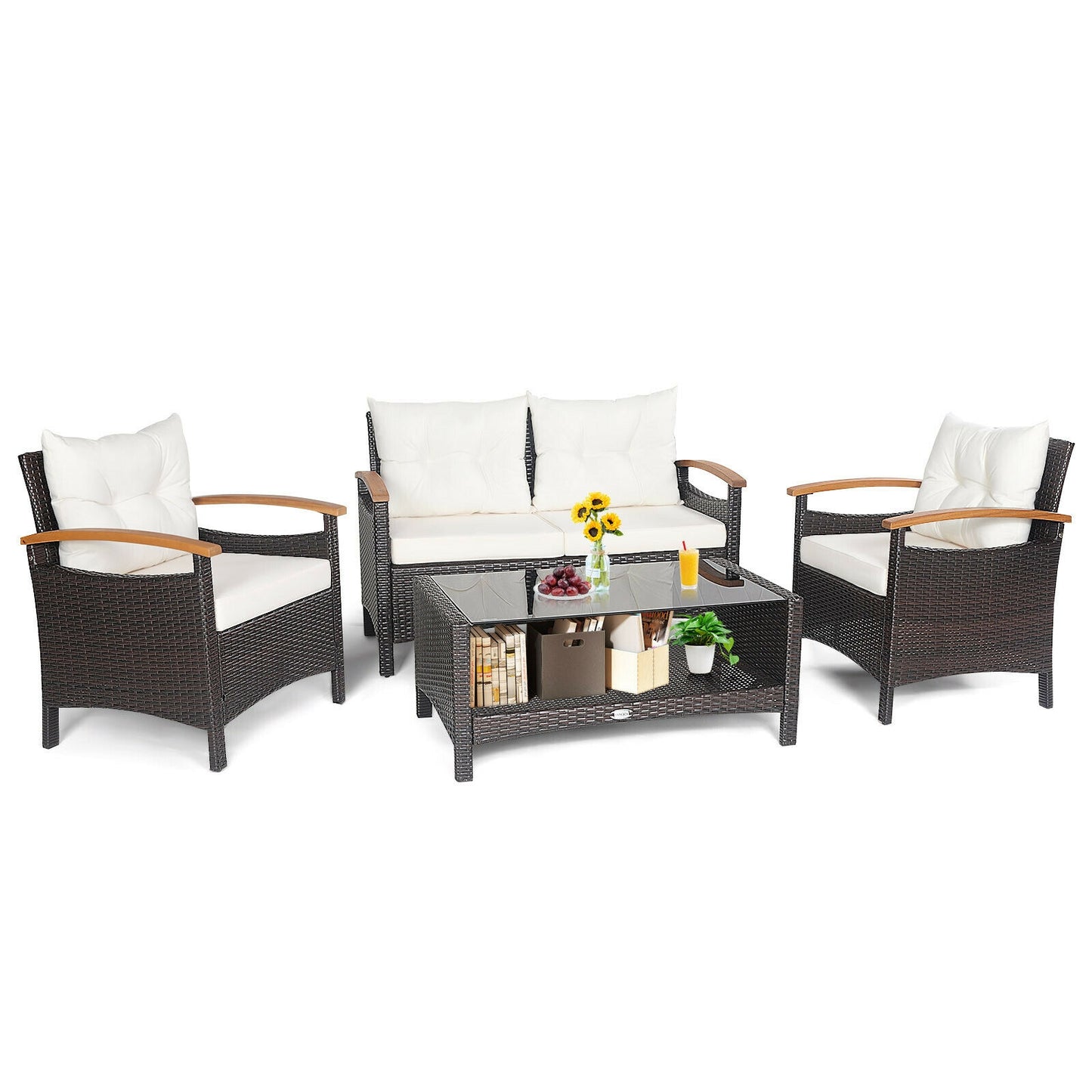 4 Pieces Patio Rattan Furniture Set with Cushioned Sofa and Storage Table, White Patio Conversation Sets at Gallery Canada