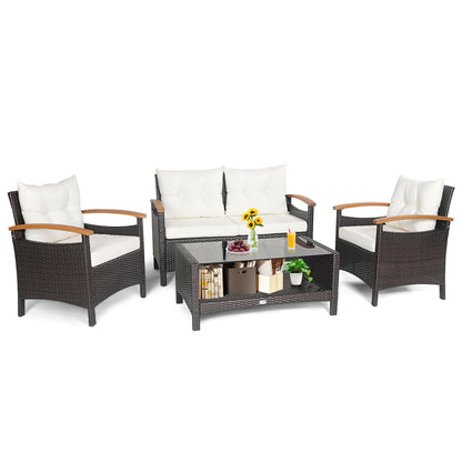 4 Pieces Patio Rattan Furniture Set with Cushioned Sofa and Storage Table, White Patio Conversation Sets at Gallery Canada
