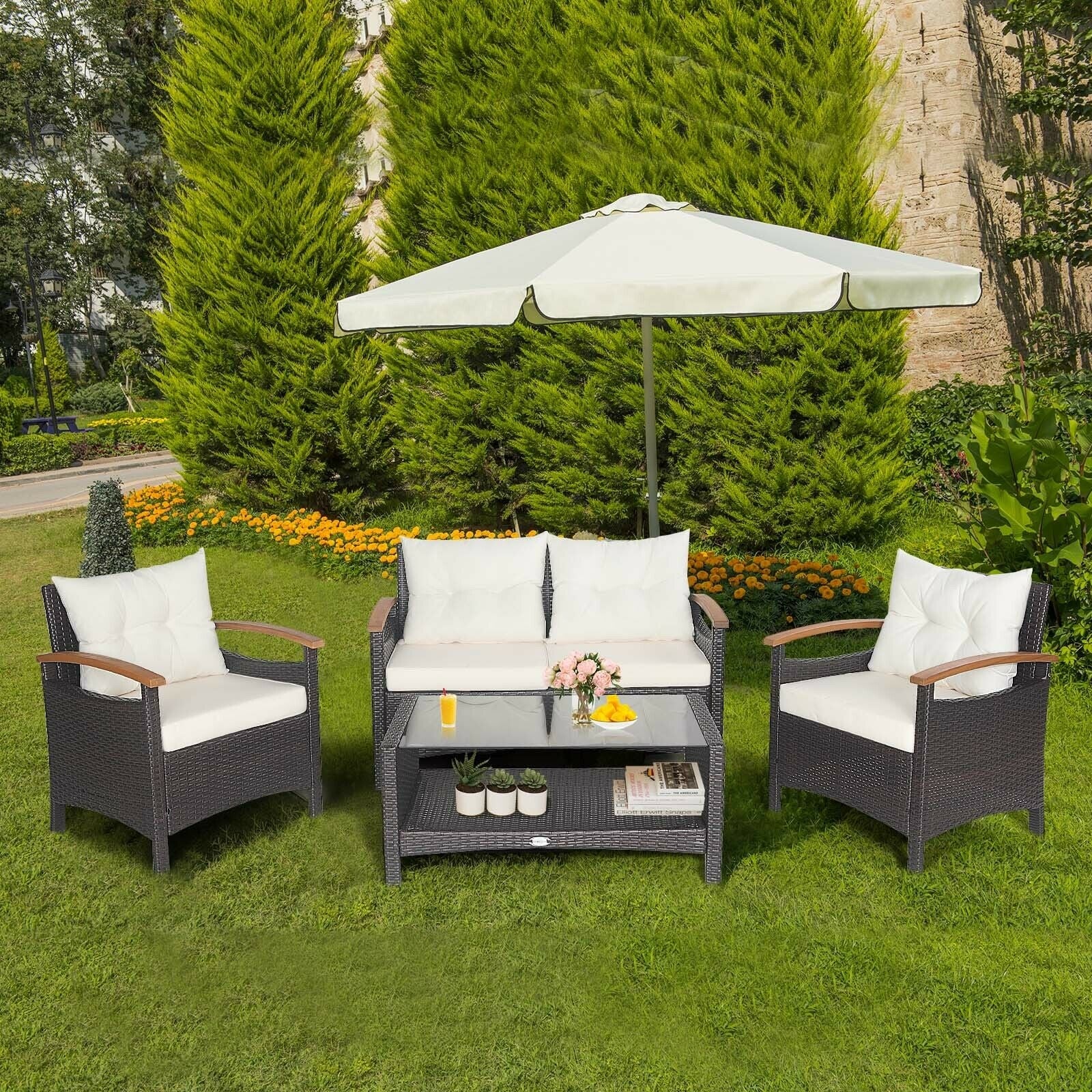 4 Piece Patio Rattan Furniture Set, With Cushioned Sofa and Storage Table, White Patio Conversation Sets at Gallery Canada