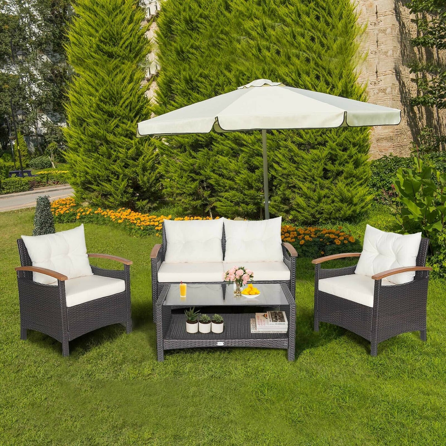 4 Piece Patio Rattan Furniture Set, With Cushioned Sofa and Storage Table, White Patio Conversation Sets at Gallery Canada