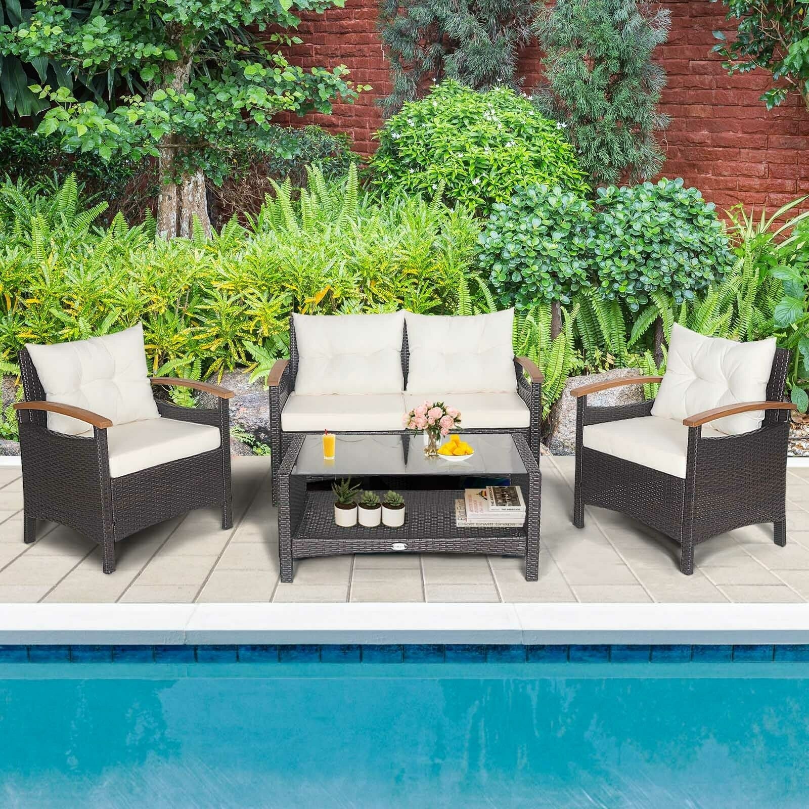 4 Pieces Patio Rattan Furniture Set with Cushioned Sofa and Storage Table, White Patio Conversation Sets at Gallery Canada