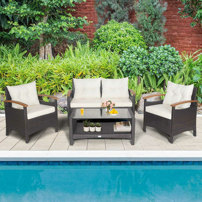 4 Pieces Patio Rattan Furniture Set with Cushioned Sofa and Storage Table, White Patio Conversation Sets at Gallery Canada