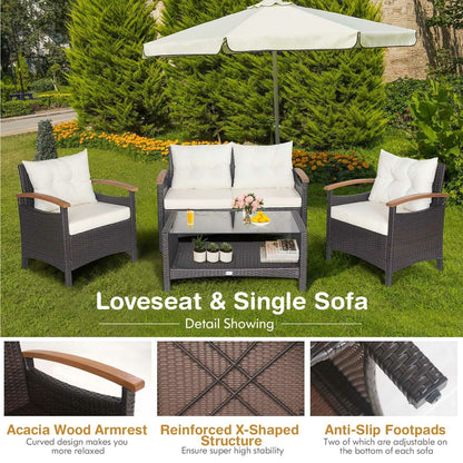 4 Pieces Patio Rattan Furniture Set with Cushioned Sofa and Storage Table, White Patio Conversation Sets at Gallery Canada