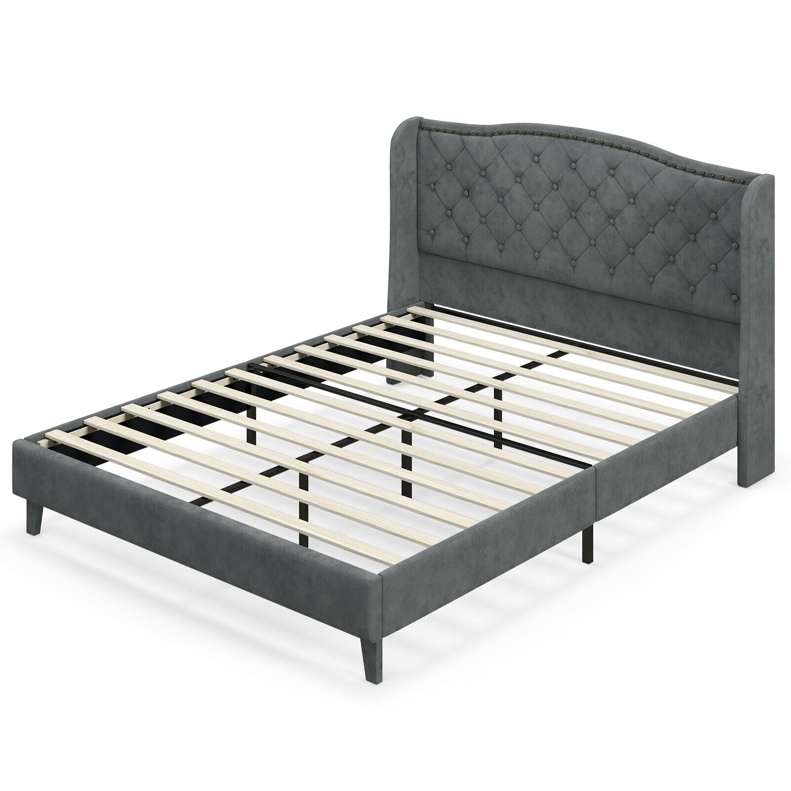 Queen Size Upholstered Platform Bed Frame, Button Tufted Headboard, Gray Simple Bed Frame at Gallery Canada