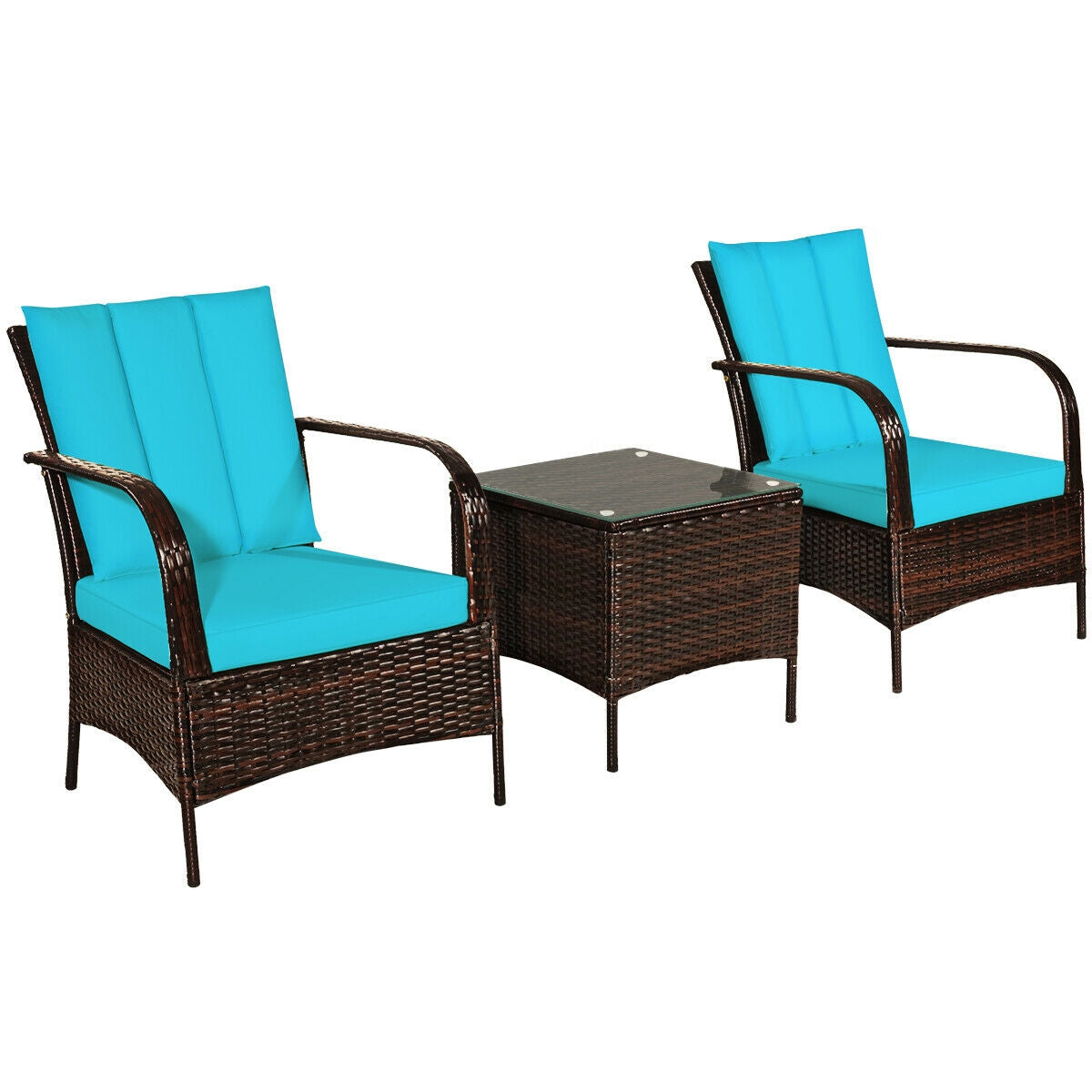 3 Pieces Patio Conversation Rattan Furniture Set with Cushions, Turquoise Patio Conversation Sets at Gallery Canada