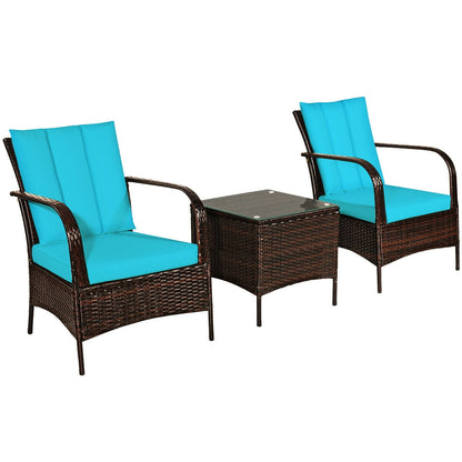 3 Pieces Patio Conversation Rattan Furniture Set with Cushions, Turquoise Patio Conversation Sets at Gallery Canada