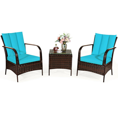 3 Piece Patio Conversation Rattan Set With Cushions, Turquoise