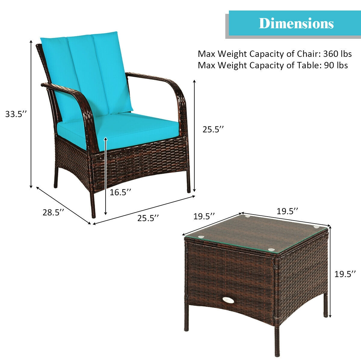 3 Pieces Patio Conversation Rattan Furniture Set with Cushions, Turquoise Patio Conversation Sets at Gallery Canada