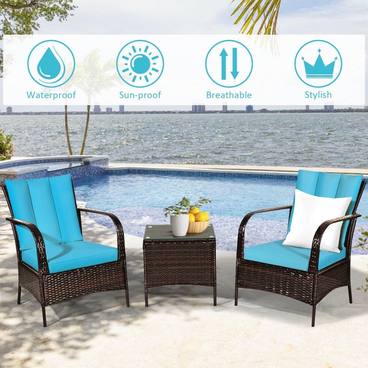 3 Pieces Patio Conversation Rattan Furniture Set with Cushions, Turquoise Patio Conversation Sets at Gallery Canada