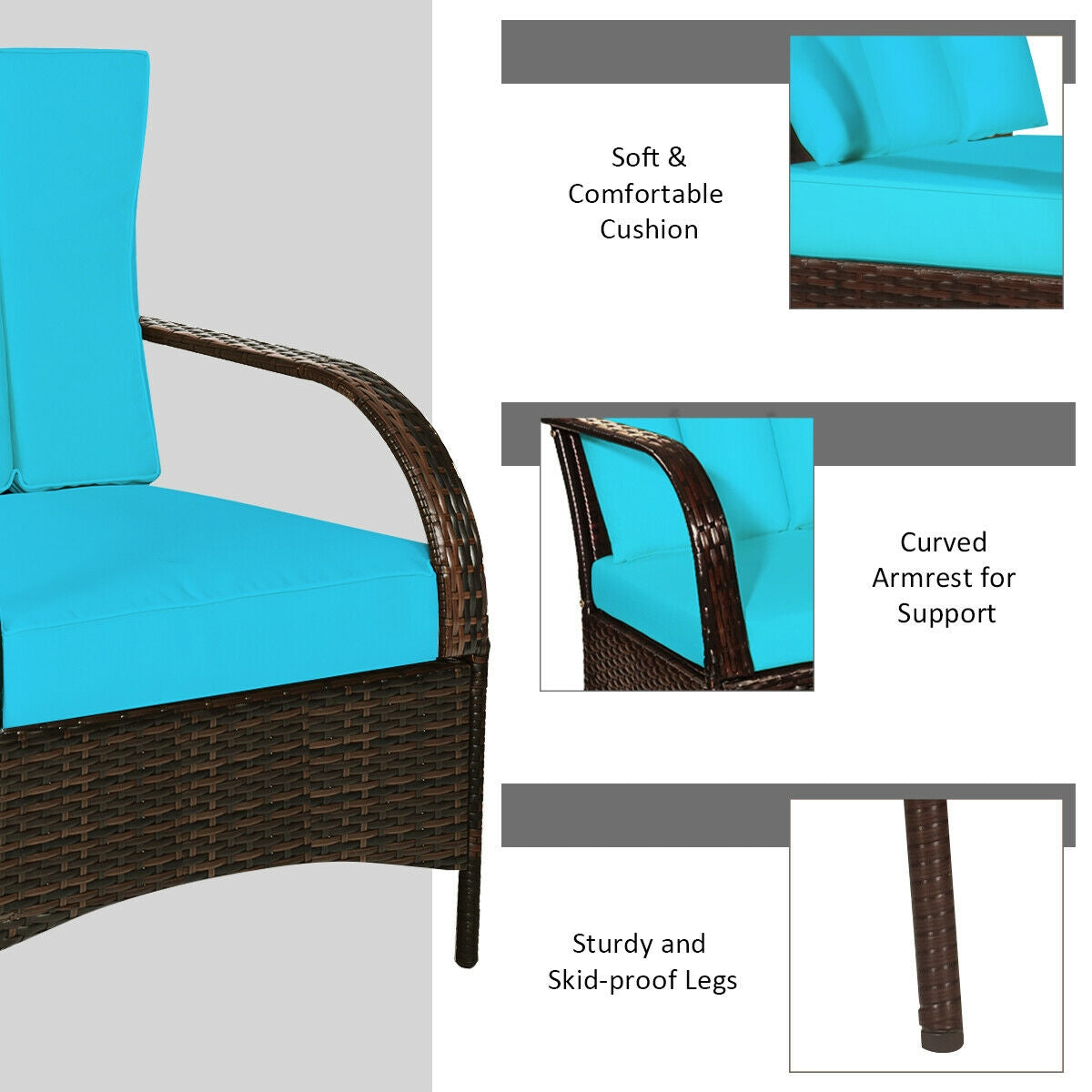 3 Pieces Patio Conversation Rattan Furniture Set with Cushions, Turquoise Patio Conversation Sets at Gallery Canada