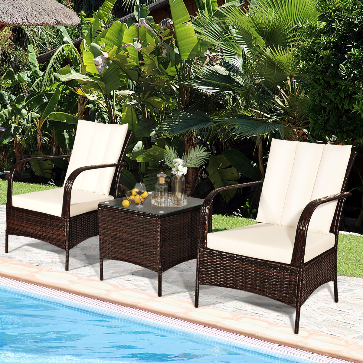3 Pieces Patio Conversation Rattan Furniture Set with Cushions, White Patio Conversation Sets at Gallery Canada