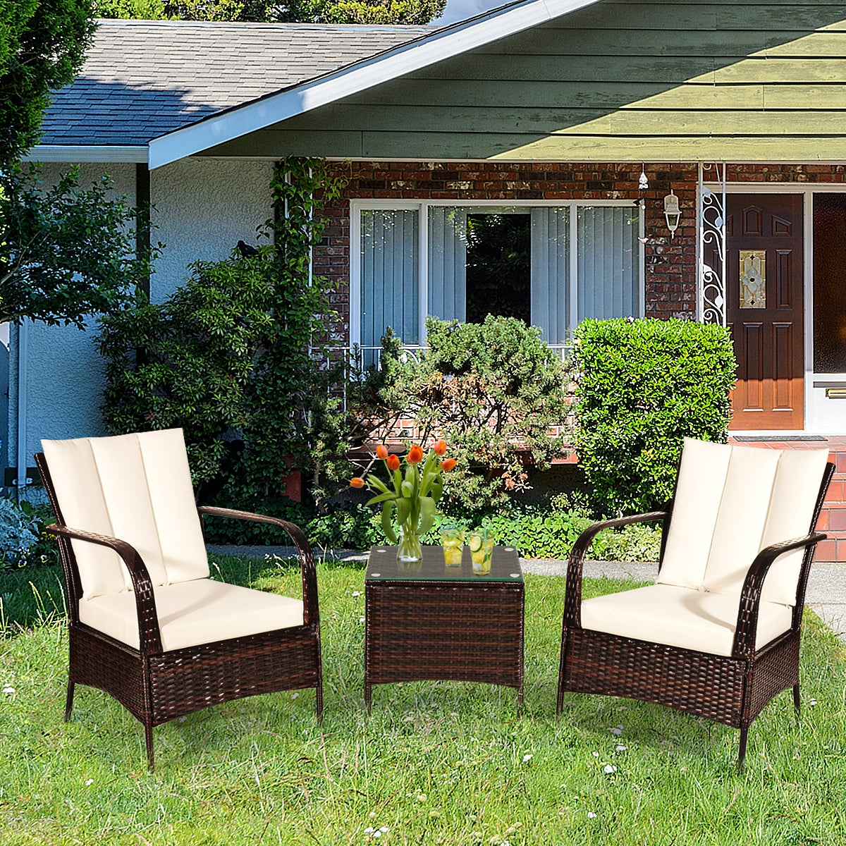 3 Pieces Patio Conversation Rattan Furniture Set with Cushions, White Patio Conversation Sets at Gallery Canada