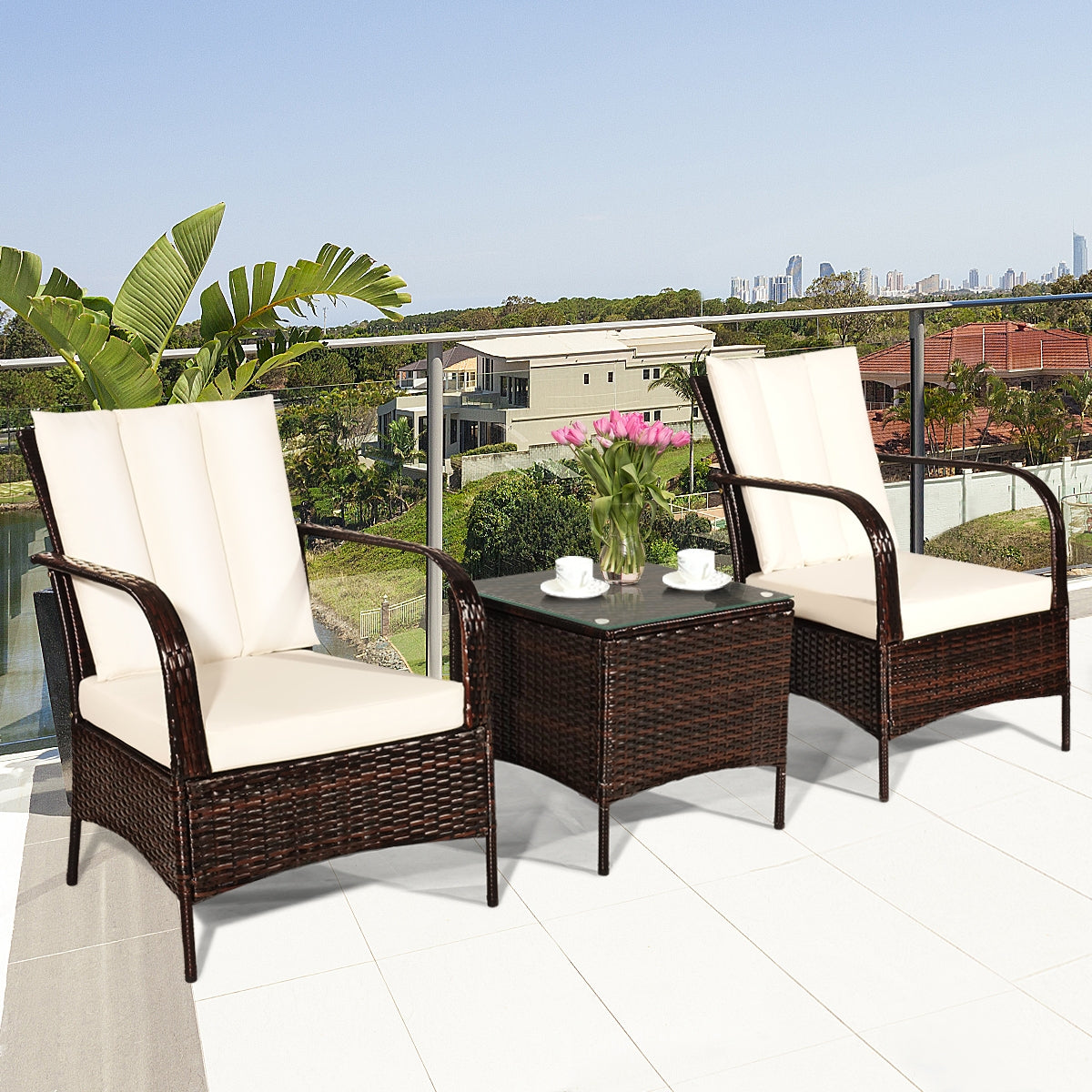 3 Pieces Patio Conversation Rattan Furniture Set with Cushions, White Patio Conversation Sets at Gallery Canada