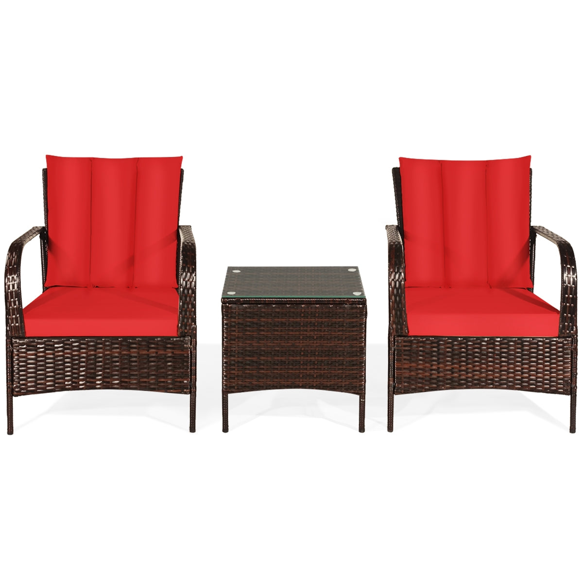 3 Pieces Patio Conversation Rattan Furniture Set with Cushions, Red Patio Conversation Sets at Gallery Canada