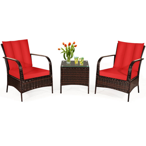 3 Piece Patio Rattan Furniture Set With Cushions, Red