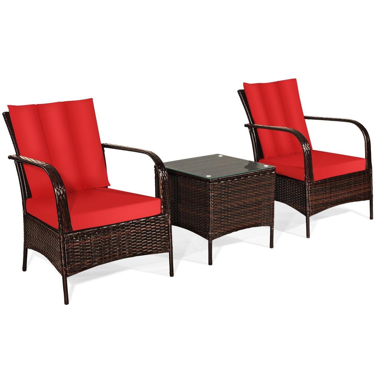 3 Pieces Patio Conversation Rattan Furniture Set with Cushions, Red Patio Conversation Sets at Gallery Canada