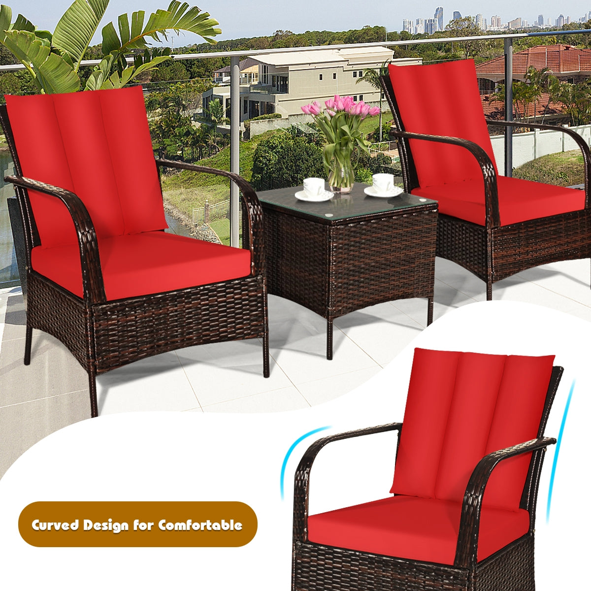 3 Pieces Patio Conversation Rattan Furniture Set with Cushions, Red Patio Conversation Sets at Gallery Canada