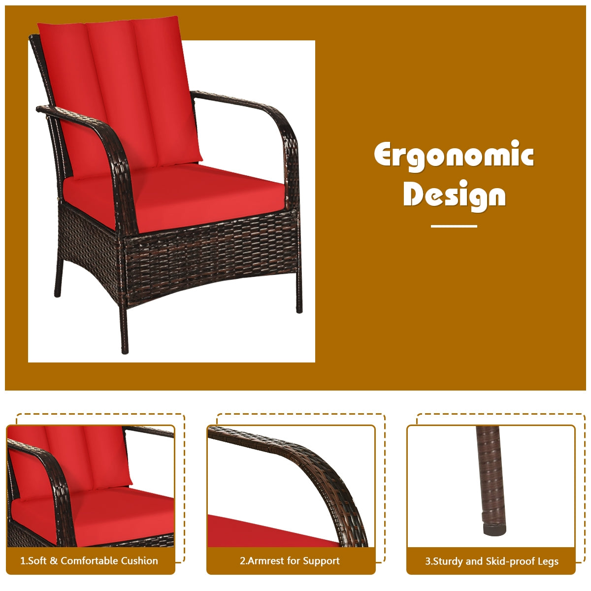 3 Pieces Patio Conversation Rattan Furniture Set with Cushions, Red Patio Conversation Sets at Gallery Canada