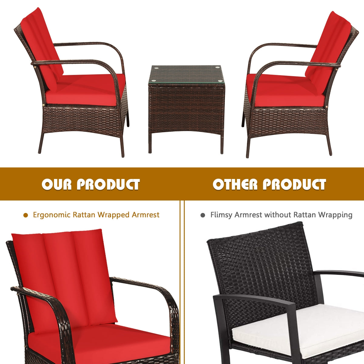 3 Pieces Patio Conversation Rattan Furniture Set with Cushions, Red Patio Conversation Sets at Gallery Canada