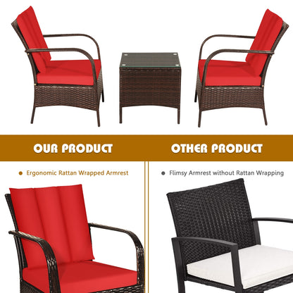 3 Pieces Patio Conversation Rattan Furniture Set with Cushions, Red Patio Conversation Sets at Gallery Canada