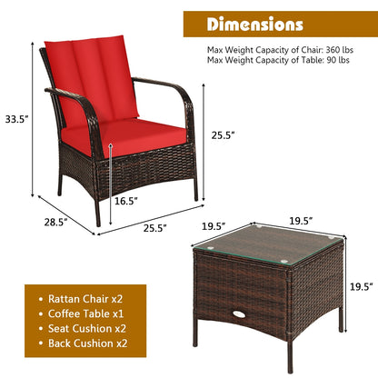 3 Pieces Patio Conversation Rattan Furniture Set with Cushions, Red Patio Conversation Sets at Gallery Canada