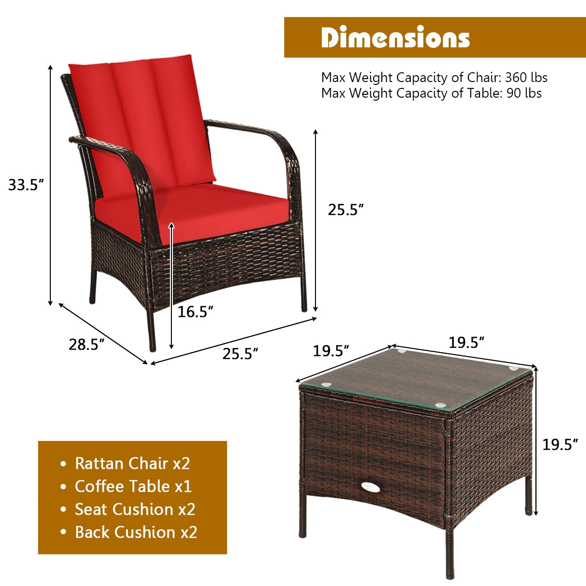 3 Piece Patio Rattan Furniture Set With Cushions, Red Patio Conversation Sets at Gallery Canada