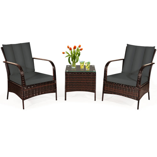 Patio Rattan Furniture Set, 3 Pieces, With Cushions, Gray
