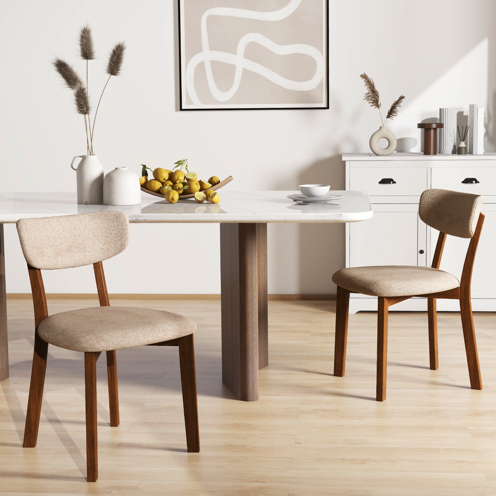 Dining Chairs Set of 2 Upholstered Mid-Back Chairs with Solid Rubber Wood Frame, Beige Dining Chairs at Gallery Canada