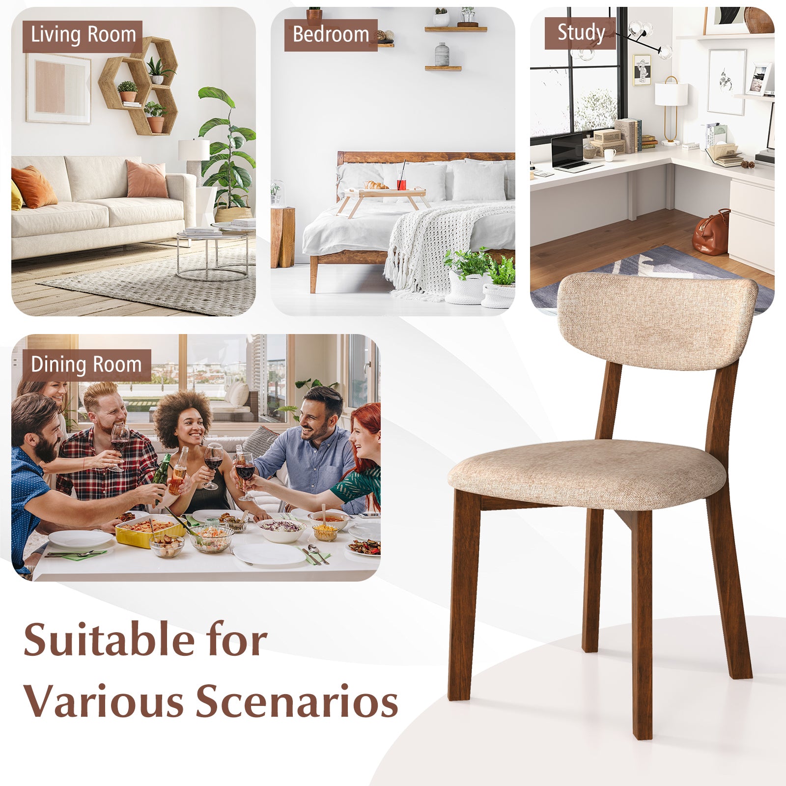 Dining Chairs Set of 2 Upholstered Mid-Back Chairs with Solid Rubber Wood Frame, Beige Dining Chairs at Gallery Canada