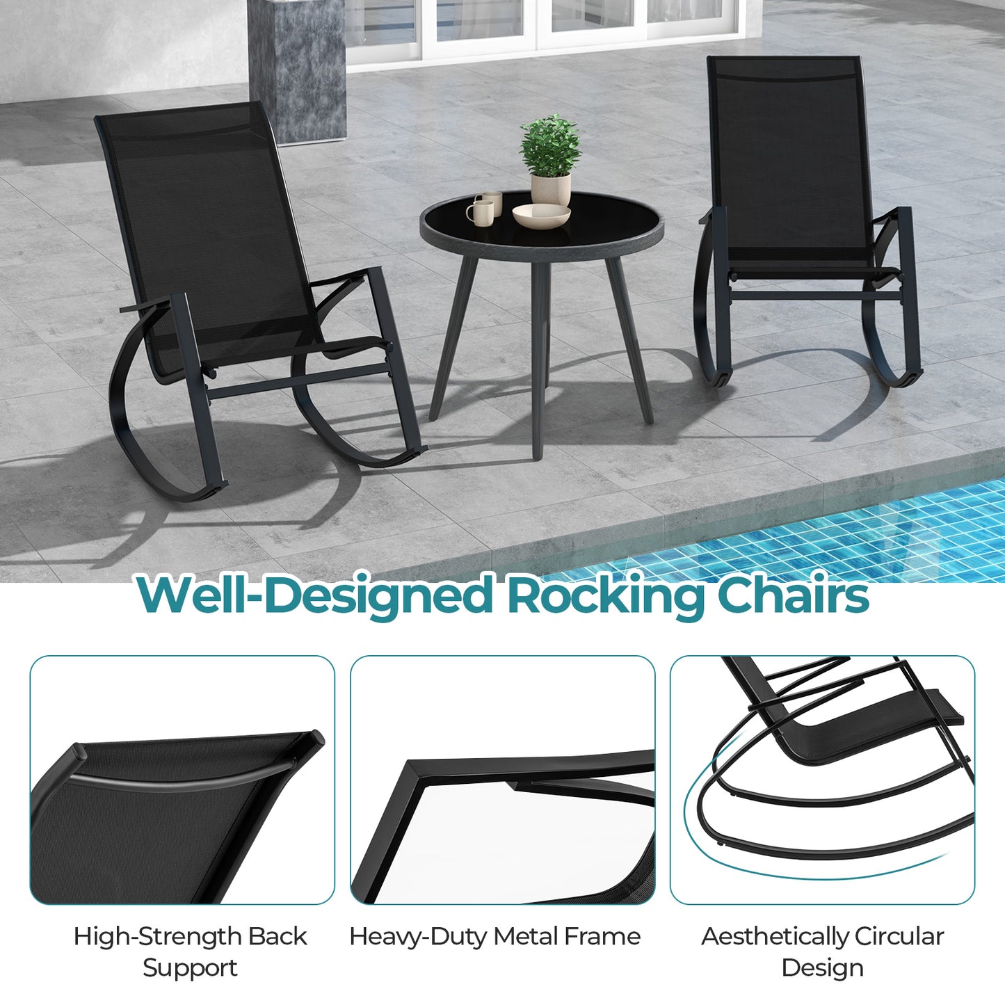 2 Pieces Patio Rocking Chairs Outdoor Sling Fabric Rockers with Ergonomic Backrest and Seat, Black Patio Rocking Chairs & Gliders at Gallery Canada