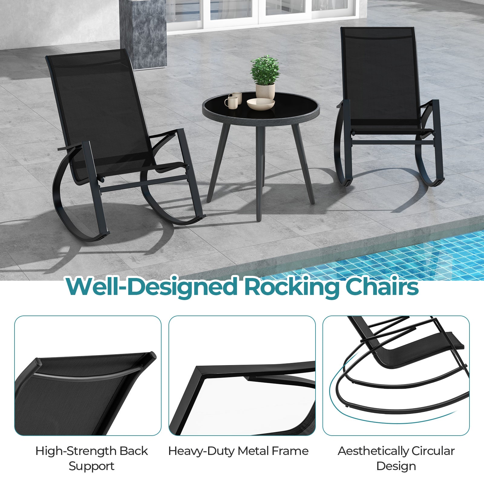 2 Pieces Patio Rocking Chairs Outdoor Sling Fabric Rockers with Ergonomic Backrest and Seat, Black Patio Rocking Chairs & Gliders at Gallery Canada