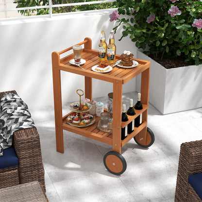2 Tier Rolling Serving Cart with Wine Bottle Holders and 2 Rubber Wheels, Brown Kitchen Islands & Carts at Gallery Canada