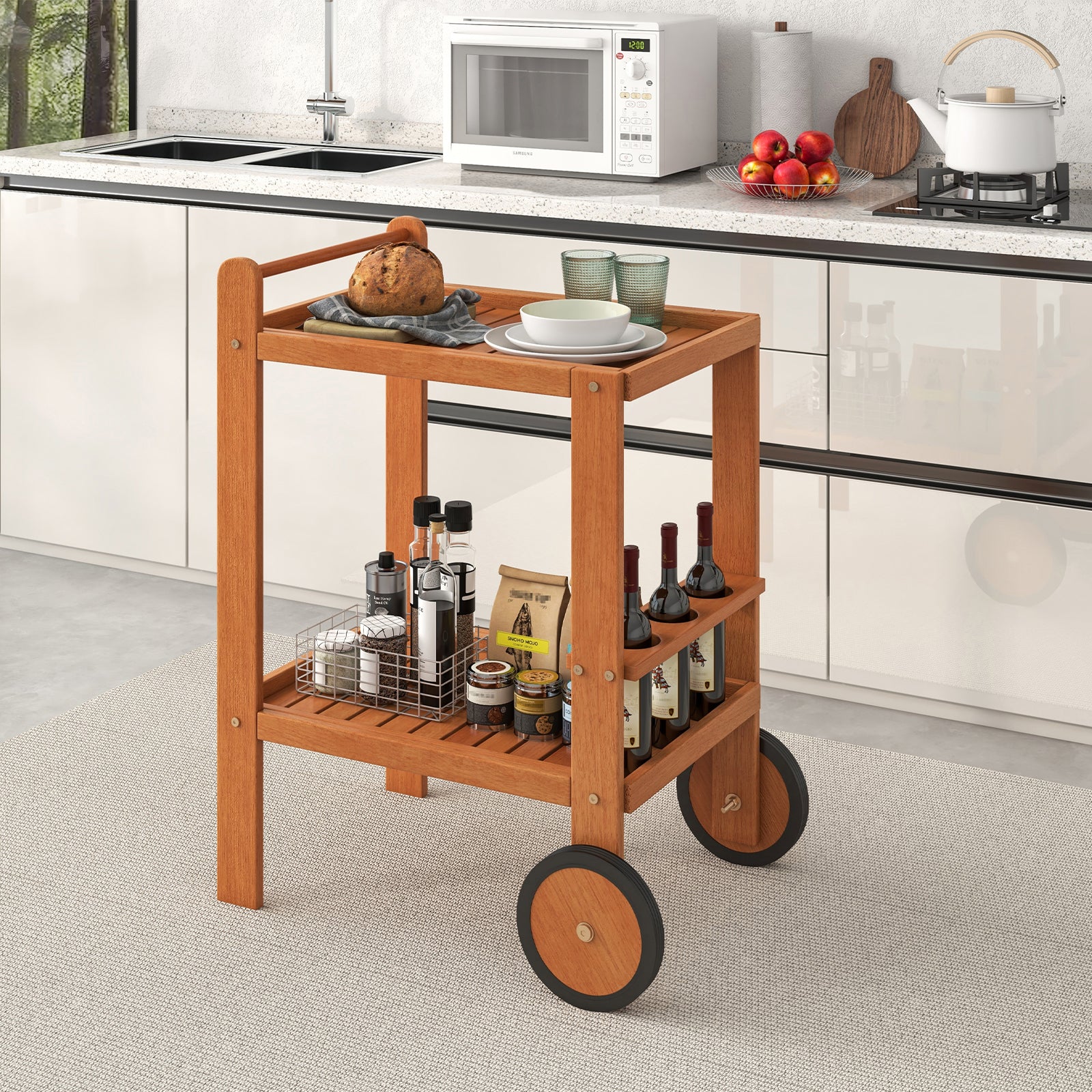 2 Tier Rolling Serving Cart with Wine Bottle Holders and 2 Rubber Wheels, Brown Kitchen Islands & Carts at Gallery Canada
