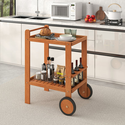 2 Tier Rolling Serving Cart with Wine Bottle Holders and 2 Rubber Wheels, Brown Kitchen Islands & Carts at Gallery Canada